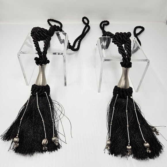 Tassel Curtain Tie Backs Black & Silver Beads Set of 2 Decorator Detail - Picture 2 of 12